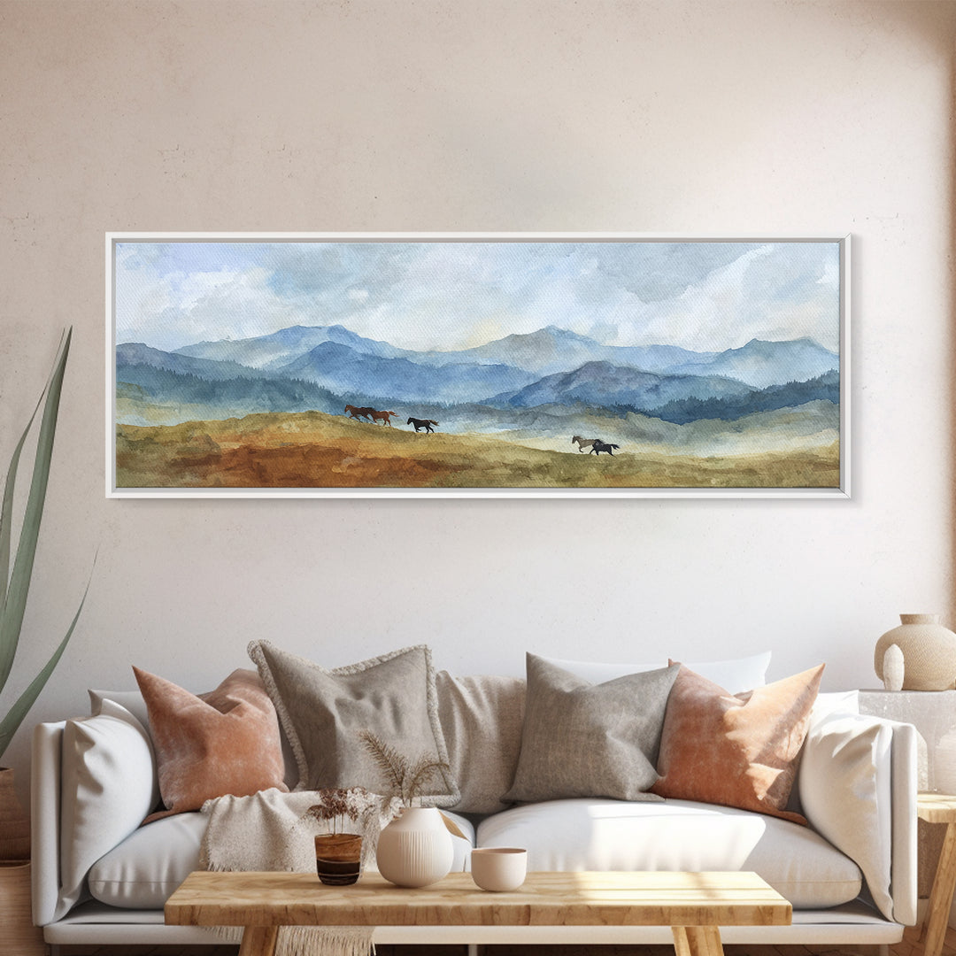 Wild Horses Running Near Mountain Ridge Canvas Print, Nature Art, Wall Hangings, Living Room Decor, Oil Painting, Nature, NAT-3x1-38