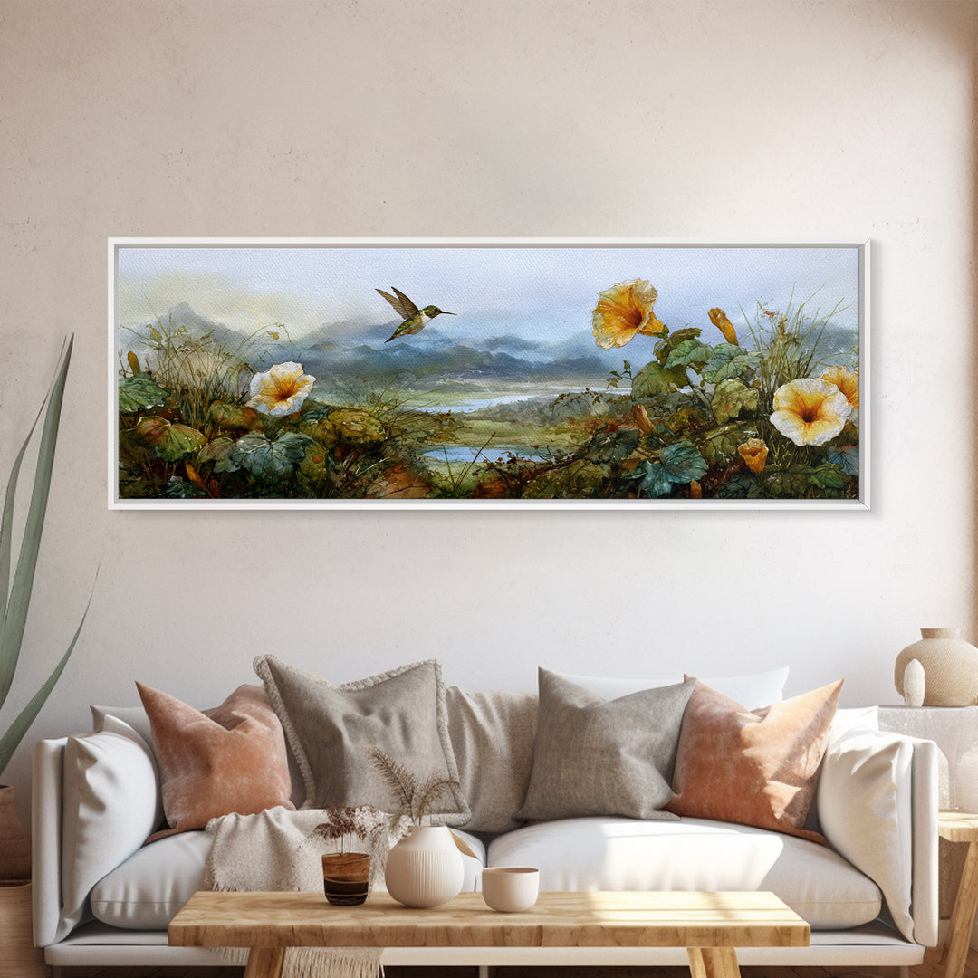 Hummingbird Beside Bright Trumpet Flowers Canvas Print, Nature Art, Moss Art, Living Room Decor, Watercolor Art, Nature, NAT-3x1-4