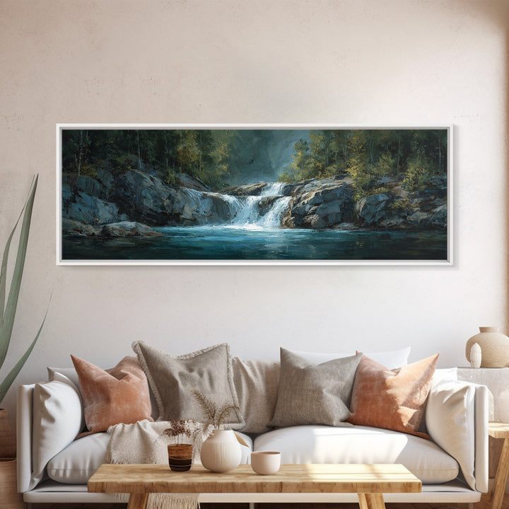 Waterfall Hidden Among Dark Green Rocks Canvas Print, Nature Art, Poster, Living Room Decor, Nature, Abstract Wall Art, NAT-3x1-43
