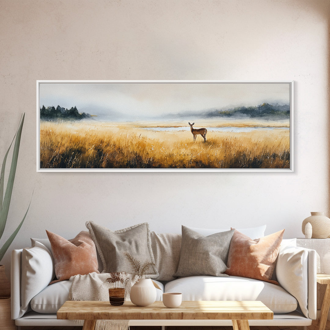 Deer Standing in a Golden Field Canvas Print, Nature Art, Art Print, Living Room Decor, Fine Art, Nature, Printable Wall Art, NAT-3x1-48