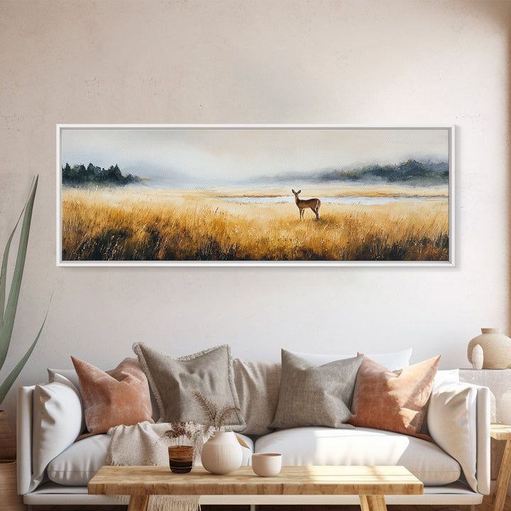 Deer Standing in a Golden Field Canvas Print, Nature Art, Art Print, Living Room Decor, Fine Art, Nature, Printable Wall Art, NAT-3x1-48