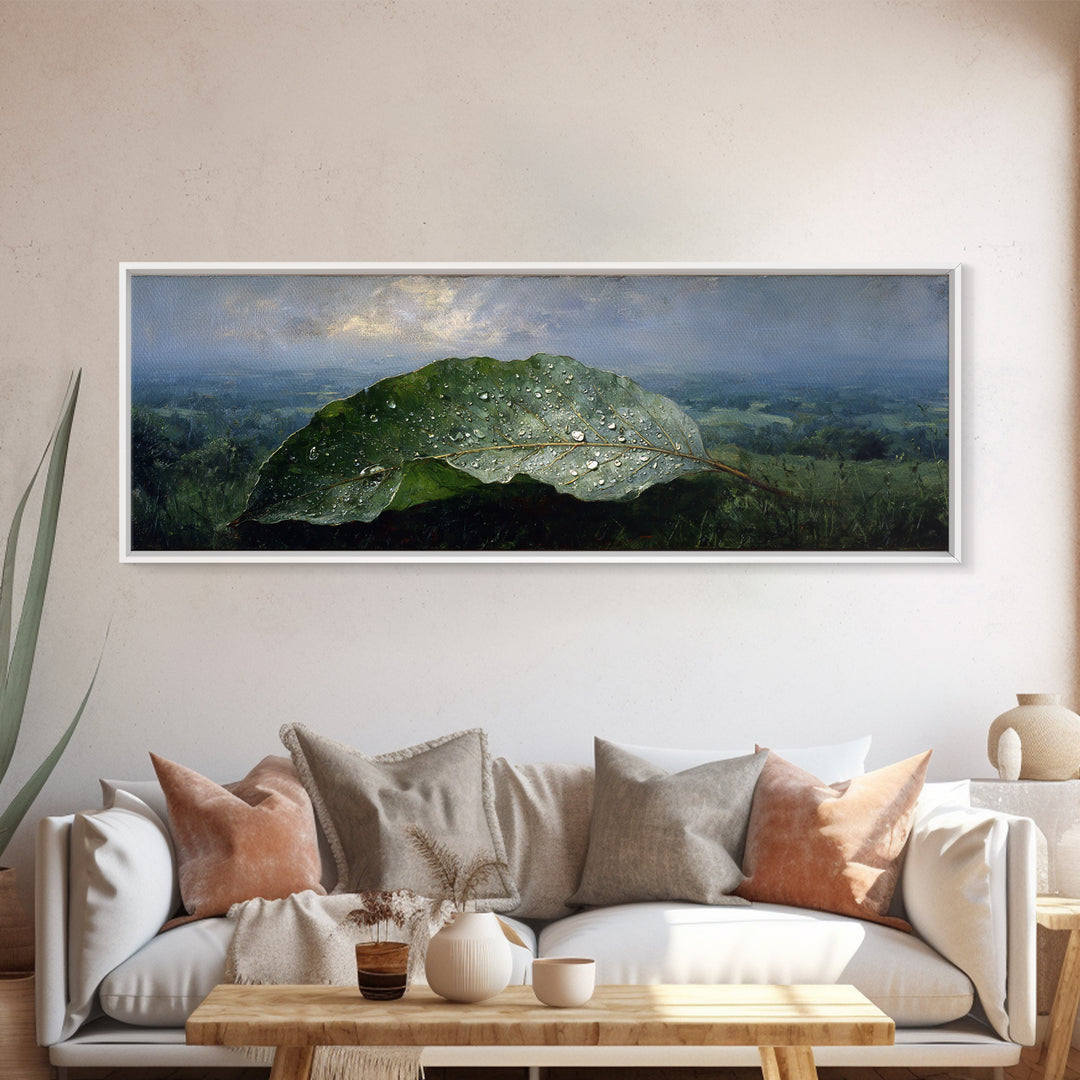 Rain Drops on a Large Green Leaf Canvas Print, Nature Art, Living Room Wall Art, Living Room Decor, Fine Art, Nature, NAT-3x1-49