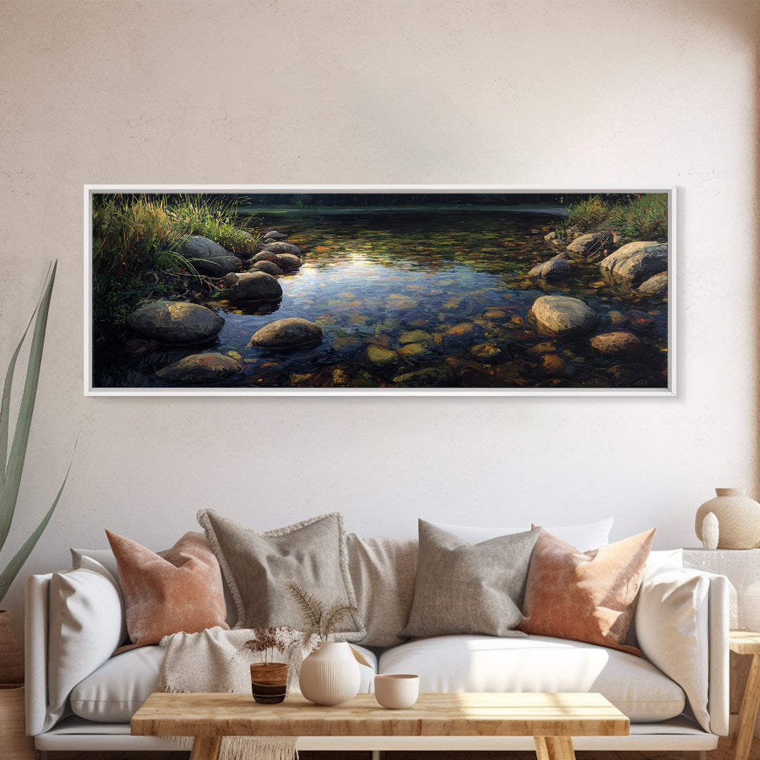 River Stones under Clear Shallow Water Framed Canvas Print, Nature Art, Living Room Decor, Watercolor Art, Nature, NAT-3x1-5