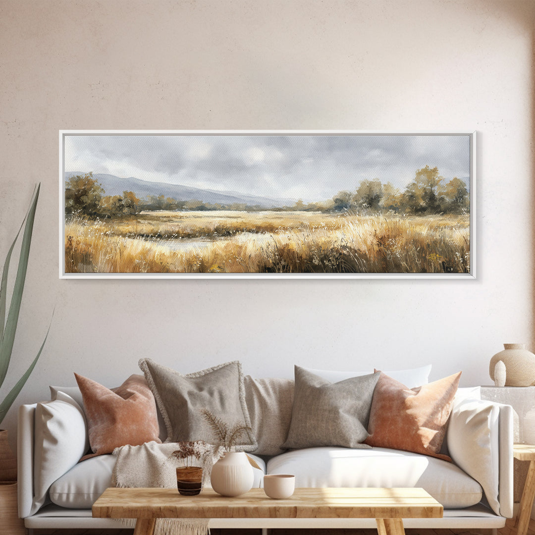 Sunrise Through Tall Grass and Wildflowers Framed Canvas Print, Nature Art, Wall Decor, Living Room Decor, Oil Painting, Nature, NAT-3x1-51