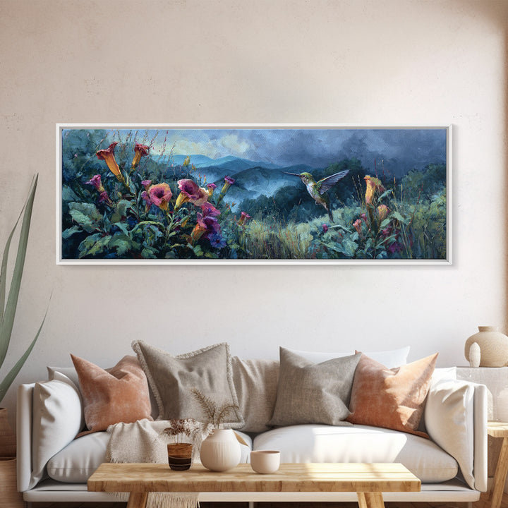 Hummingbird Beside Bright Trumpet Flowers Framed Canvas Print, Nature Art, Room Decor, Living Room Decor, Fine Art, Nature, NAT-3x1-52