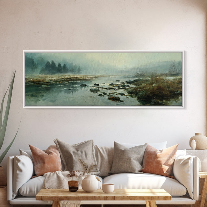 River Stones under Clear Shallow Water Framed Canvas Print, Nature Art, Stained Glass Art, Living Room Decor, Fine Art, Nature, NAT-3x1-53