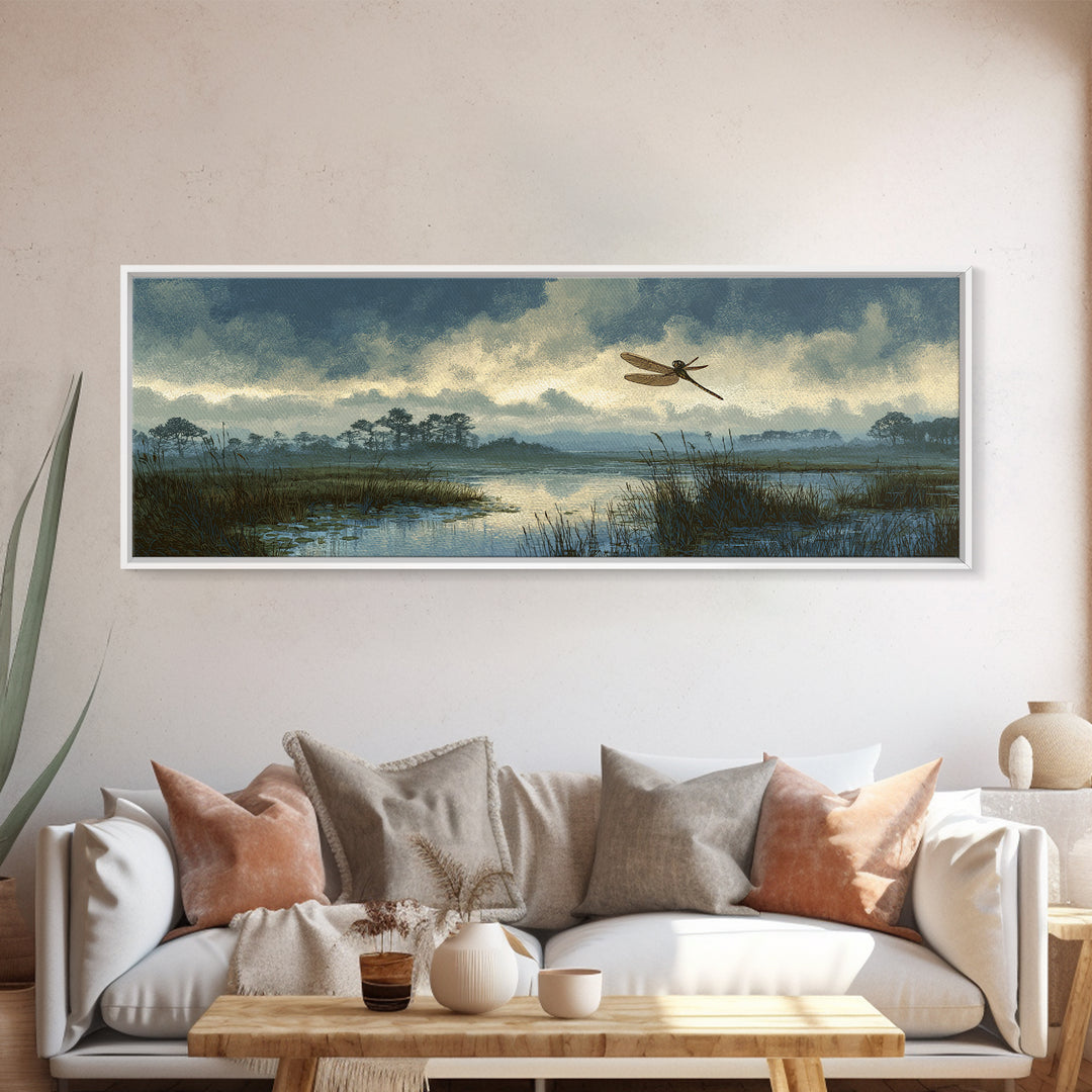 Dragonfly over a Pond with Reeds Framed Canvas Print, Nature Art, Wood Wall Art, Living Room Decor, Fine Art, Nature, NAT-3x1-58