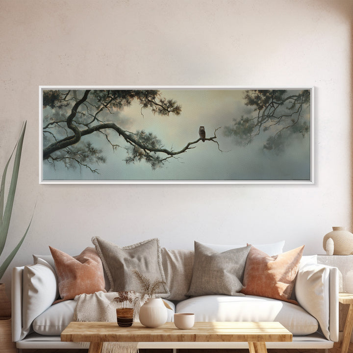 Owl in Moonlit Branches Framed Canvas Print, Nature Art, Wall Art, Living Room Decor, Watercolor Art, Nature, Wood Wall Art, NAT-3x1-59