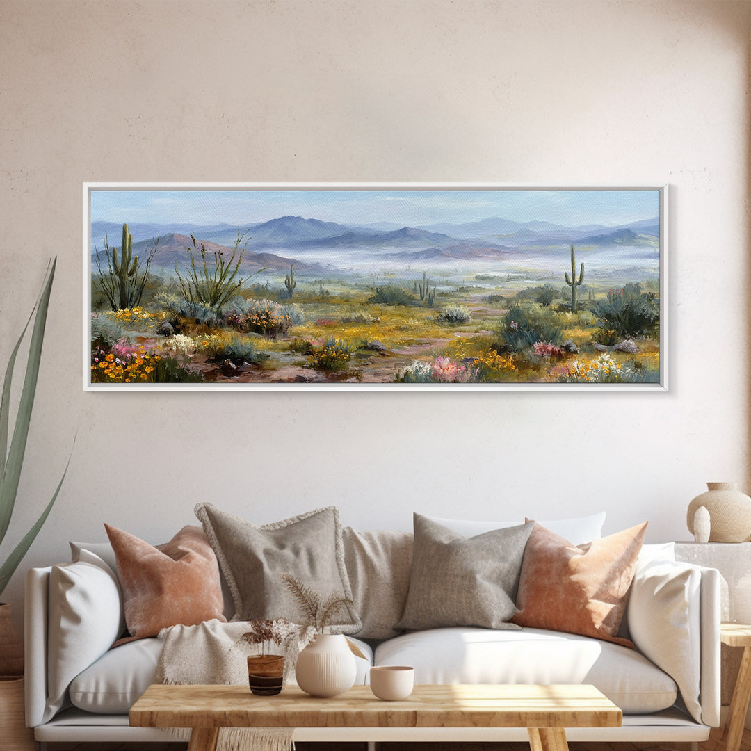 Desert Cactus Blooming After Rain Framed Canvas Print, Nature Art, Boho Decor, Living Room Decor, Oil Painting, Nature, NAT-3x1-60