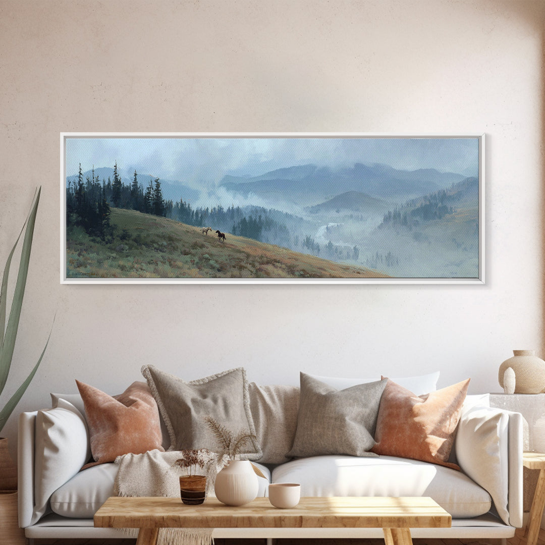 Wild Horses Running Near Mountain Ridge Canvas Print, Nature Art, Gallery Decor, Living Room Decor, Fine Art, Nature, NAT-3x1-62