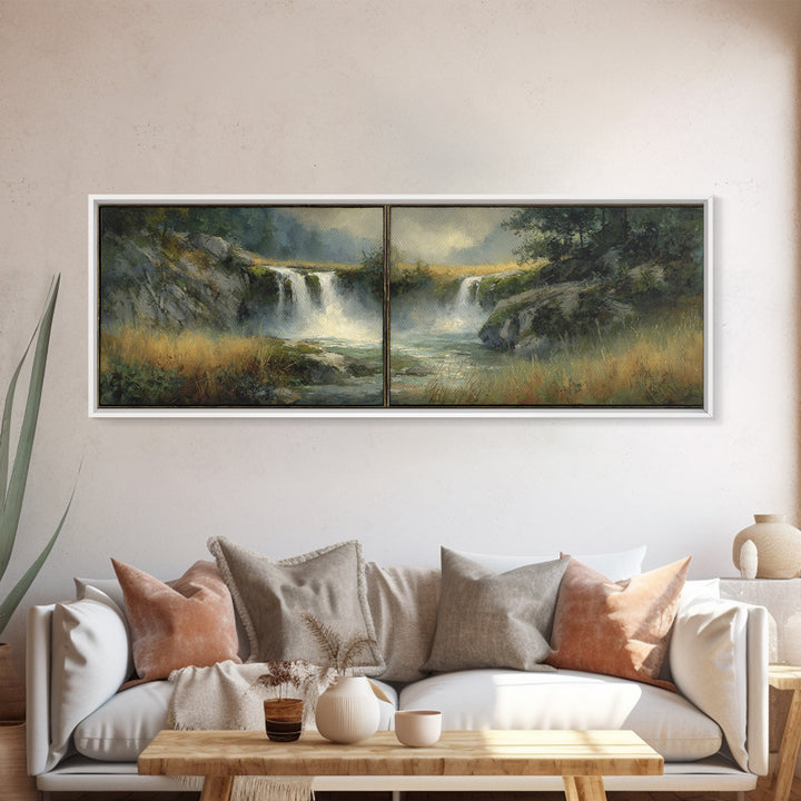 Waterfall Hidden Among Dark Green Rocks Framed Canvas Print, Nature Art, Wall Hangings, Living Room Decor, Abstract Art, Nature, NAT-3x1-67