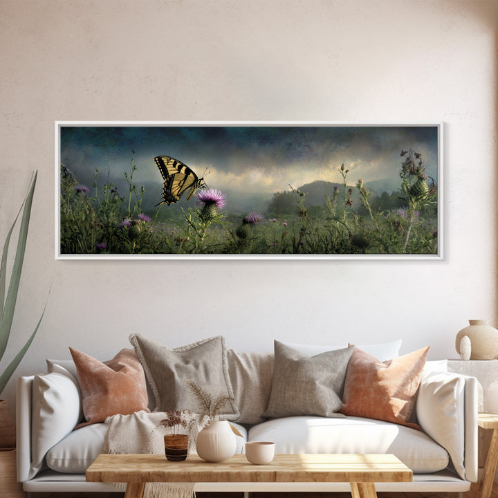 Butterfly Resting on a Blooming Thistle Framed Canvas Print, Nature Art, Living Room Decor, Watercolor Art, Nature, NAT-3x1-68