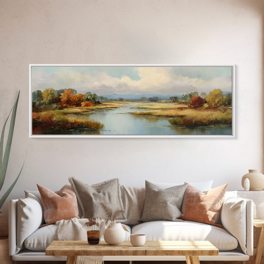 Autumn Leaves Floating on Quiet Stream Canvas Print, Nature Art, Art Print, Living Room Decor, Oil Painting, Nature, NAT-3x1-70