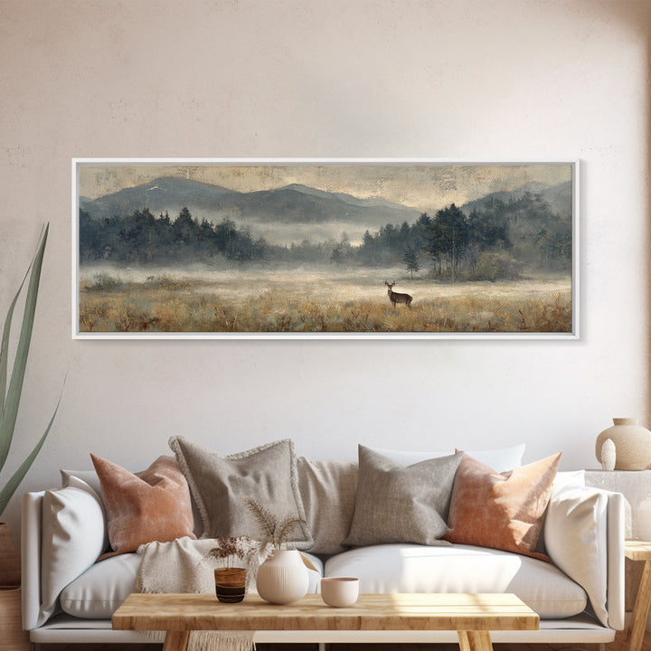 Deer Standing in a Golden Field Framed Canvas Print, Nature Art, Wall Art, Living Room Decor, Fine Art, Nature, Wood Wall Art, NAT-3x1-72