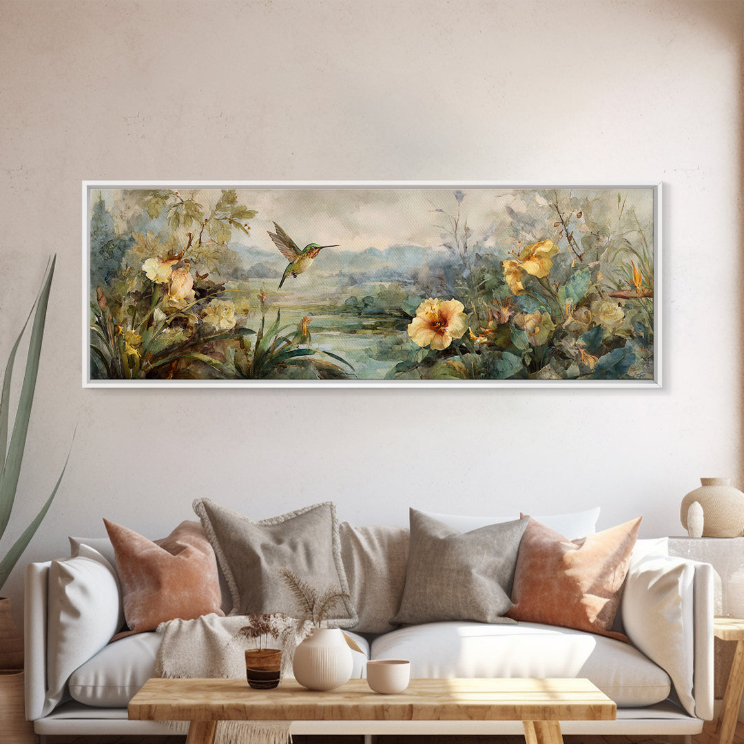 Hummingbird Beside Bright Trumpet Flowers Canvas Print, Nature Art, Home Decor, Living Room Decor, Oil Painting, Nature, NAT-3x1-76