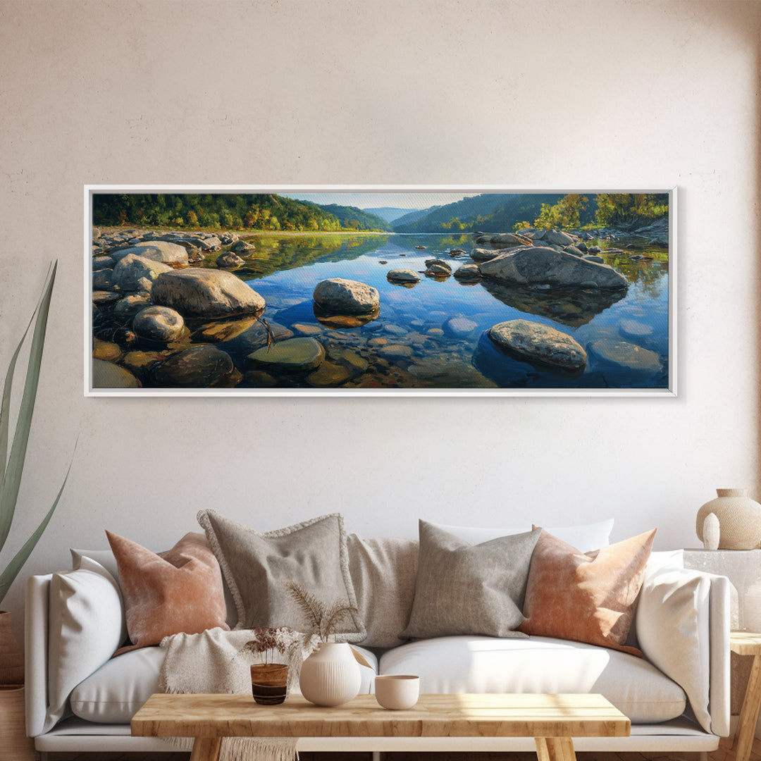 River Stones under Clear Shallow Water Framed Canvas Print, Nature Art, Stained Glass Art, Living Room Decor, Fine Art, Nature, NAT-3x1-77