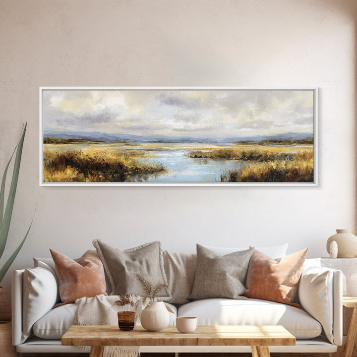 Dragonfly over a Pond with Reeds Framed Canvas Print, Nature Art, Wood Wall Art, Living Room Decor, Fine Art, Nature, NAT-3x1-82
