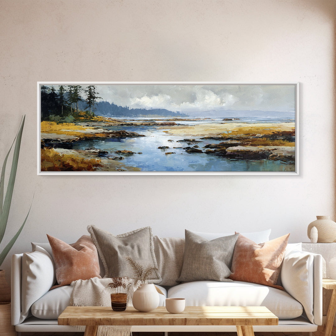 Calm Beach Tide Pooling Around Rocks Canvas Print, Nature Art, Minimalist Decor, Living Room Decor, Oil Painting, Nature, NAT-3x1-88