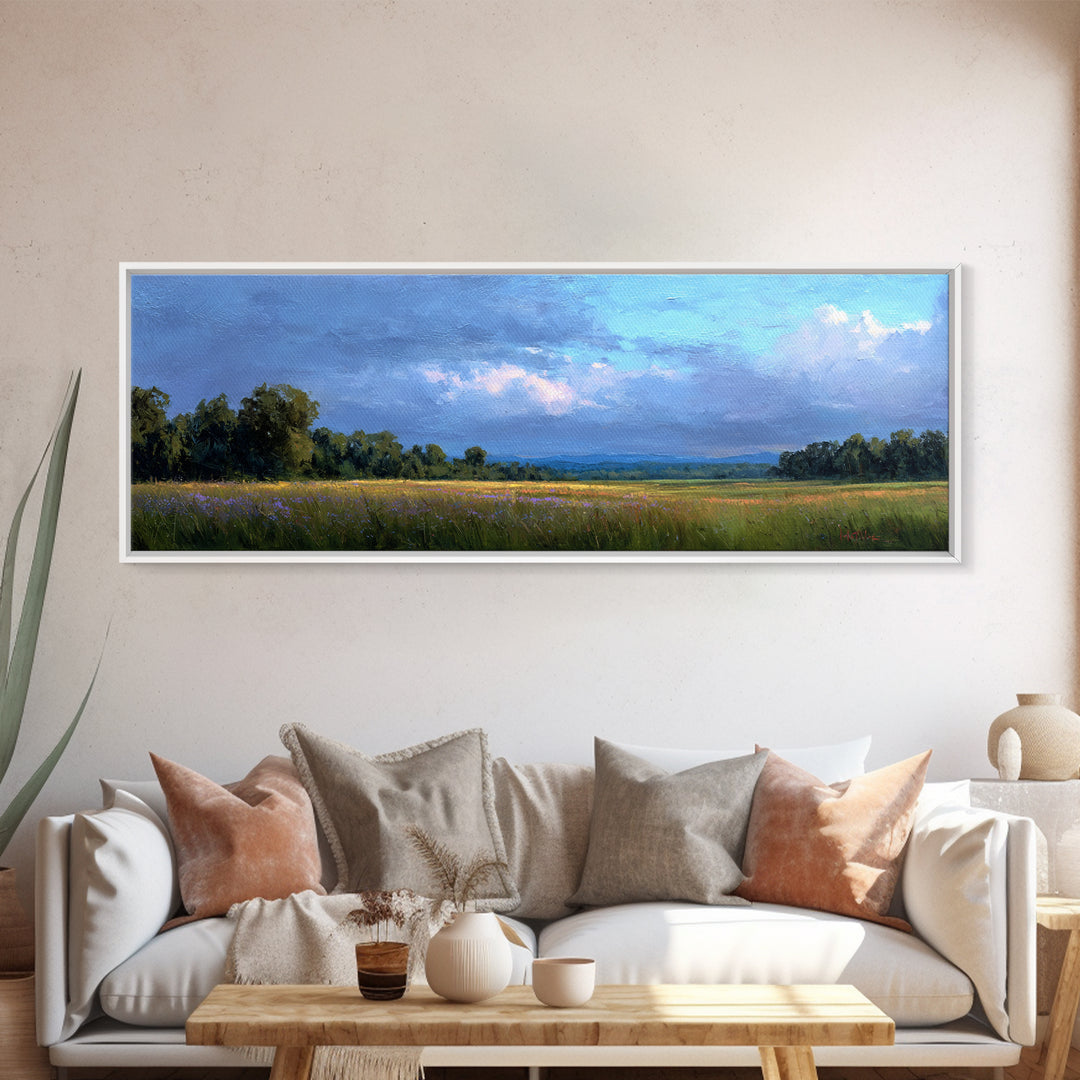 Wildflower Meadow under Soft Summer Sky Framed Canvas Print, Nature Art, Stained Glass Art, Living Room Decor, Fine Art, Nature, NAT-3x1-90