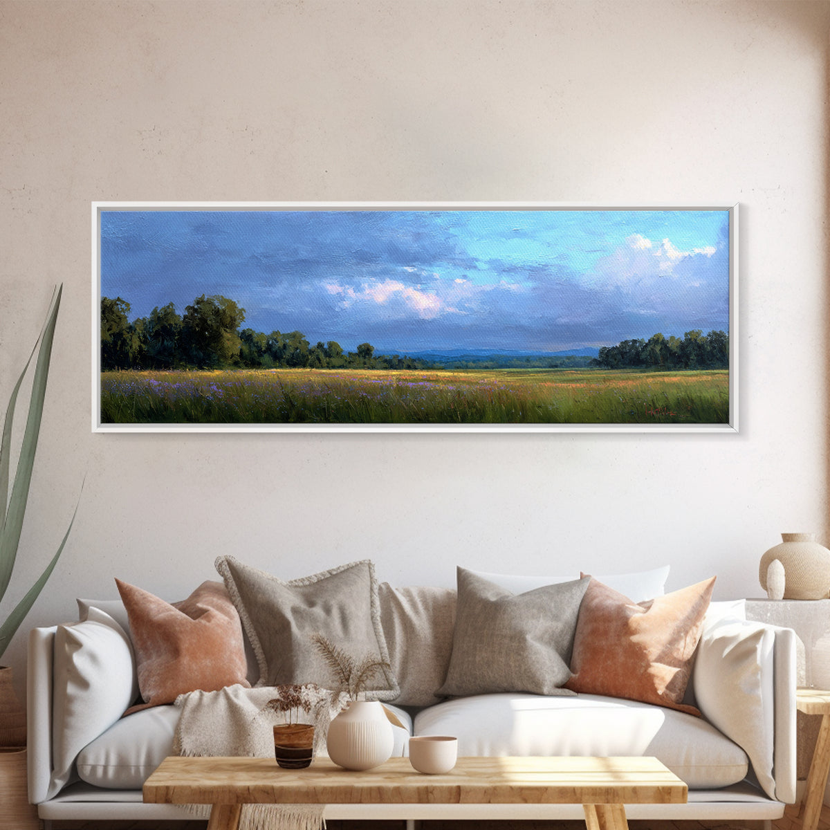 Wildflower Meadow under Soft Summer Sky Framed Canvas Print, Nature Art, Stained Glass Art, Living Room Decor, Fine Art, Nature, NAT-3x1-90