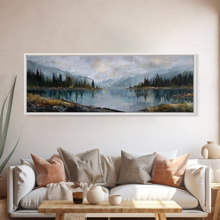 Misty Mountain Lake Canvas Print, Nature Art, Mountain Art, Living Room Decor, Oil Painting, Nature, Minimalist Decor, NAT-3x1-93