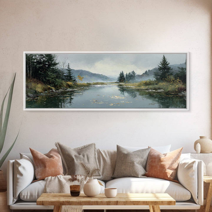 Autumn Leaves Floating on Quiet Stream Canvas Print, Nature Art, Modern Wall Art, Living Room Decor, Watercolor Art, Nature, NAT-3x1-94