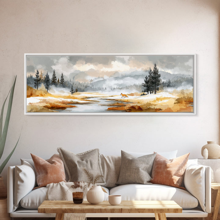 Fox Crossing a Snowy Forest Clearing Canvas Print, Nature Art, Moss Art, Living Room Decor, Oil Painting, Nature, NAT-3x1-98