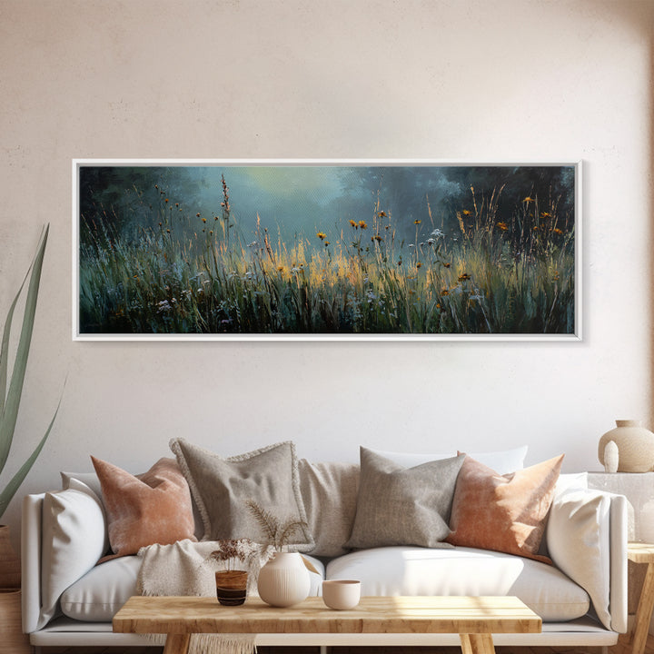 Sunrise Through Tall Grass and Wildflowers Framed Canvas Print, Nature Art, Living Room Decor, Oil Painting, Nature, NAT-3x1-99