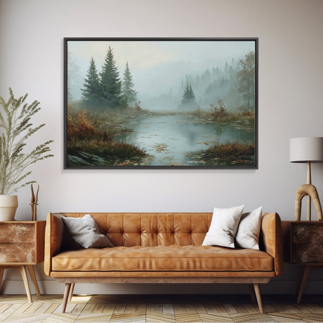 Autumn Leaves Floating on Quiet Stream Framed Canvas Print, Nature Art, Framed Art, Living Room Decor, Fine Art, Nature, NAT-3x2-10
