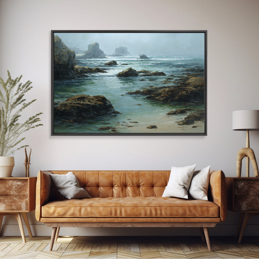Calm Beach Tide Pooling Around Rocks Framed Canvas Print, Nature Art, Fine Art Print, Living Room Decor, Oil Painting, Nature, NAT-3x2-100