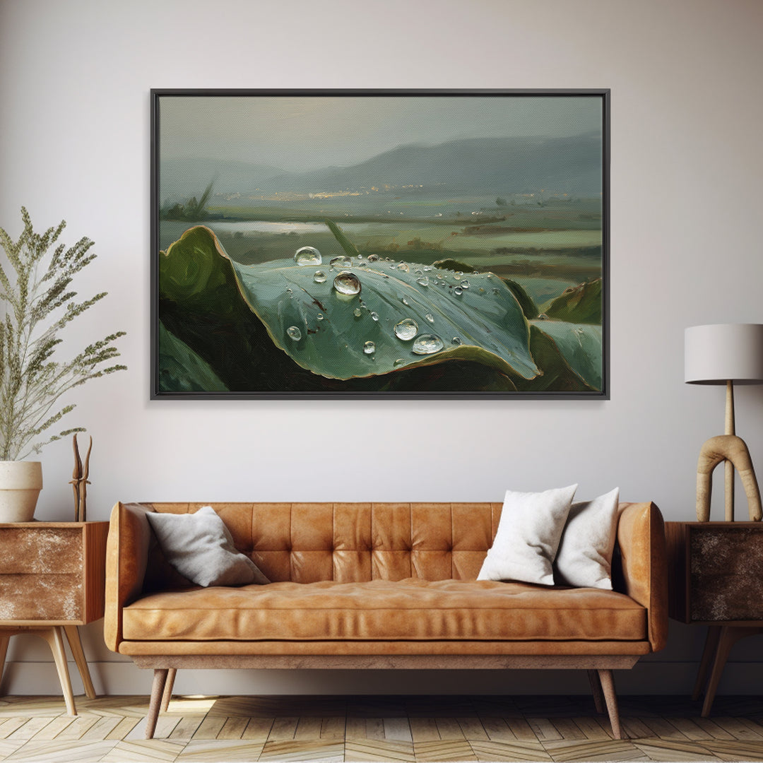 Rain Drops on a Large Green Leaf Framed Canvas Print, Nature Art, 3d Wall Art, Living Room Decor, Watercolor Art, Nature, NAT-3x2-13