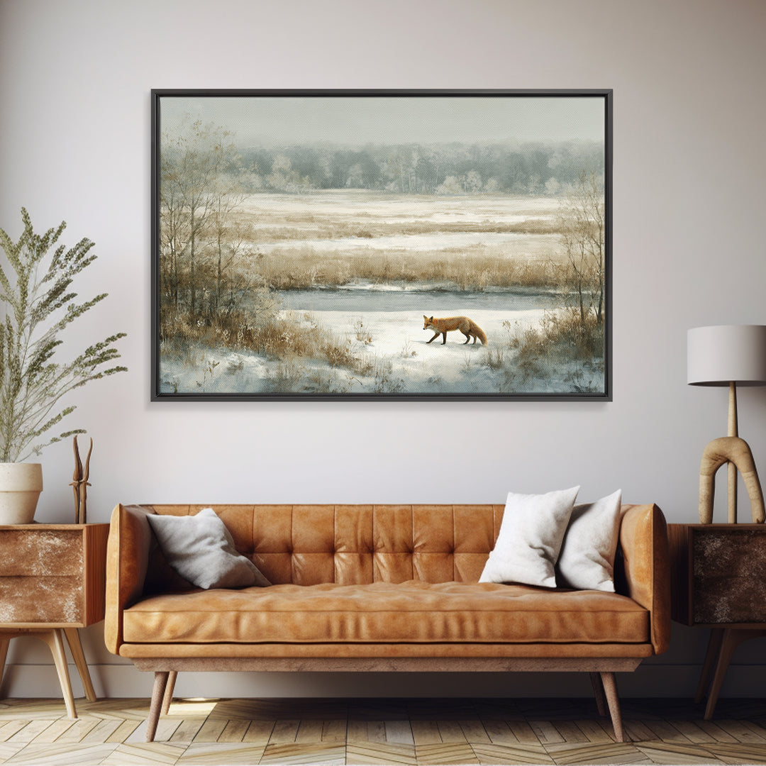 Fox Crossing a Snowy Forest Clearing Framed Canvas Print, Nature Art, Living Room Decor, Oil Painting, Nature, NAT-3x2-14