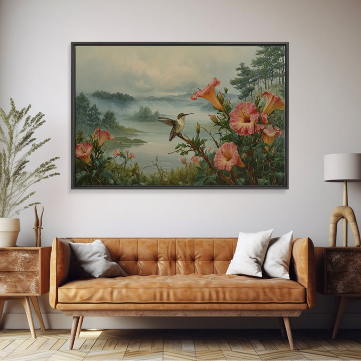 Hummingbird Beside Bright Trumpet Flowers Canvas Print, Nature Art, Living Room Decor, Watercolor Art, Nature, Ocean Art, NAT-3x2-16