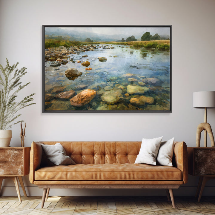 River Stones under Clear Shallow Water Canvas Print, Nature Art, Watercolor Painting, Living Room Decor, Fine Art, Nature, NAT-3x2-17