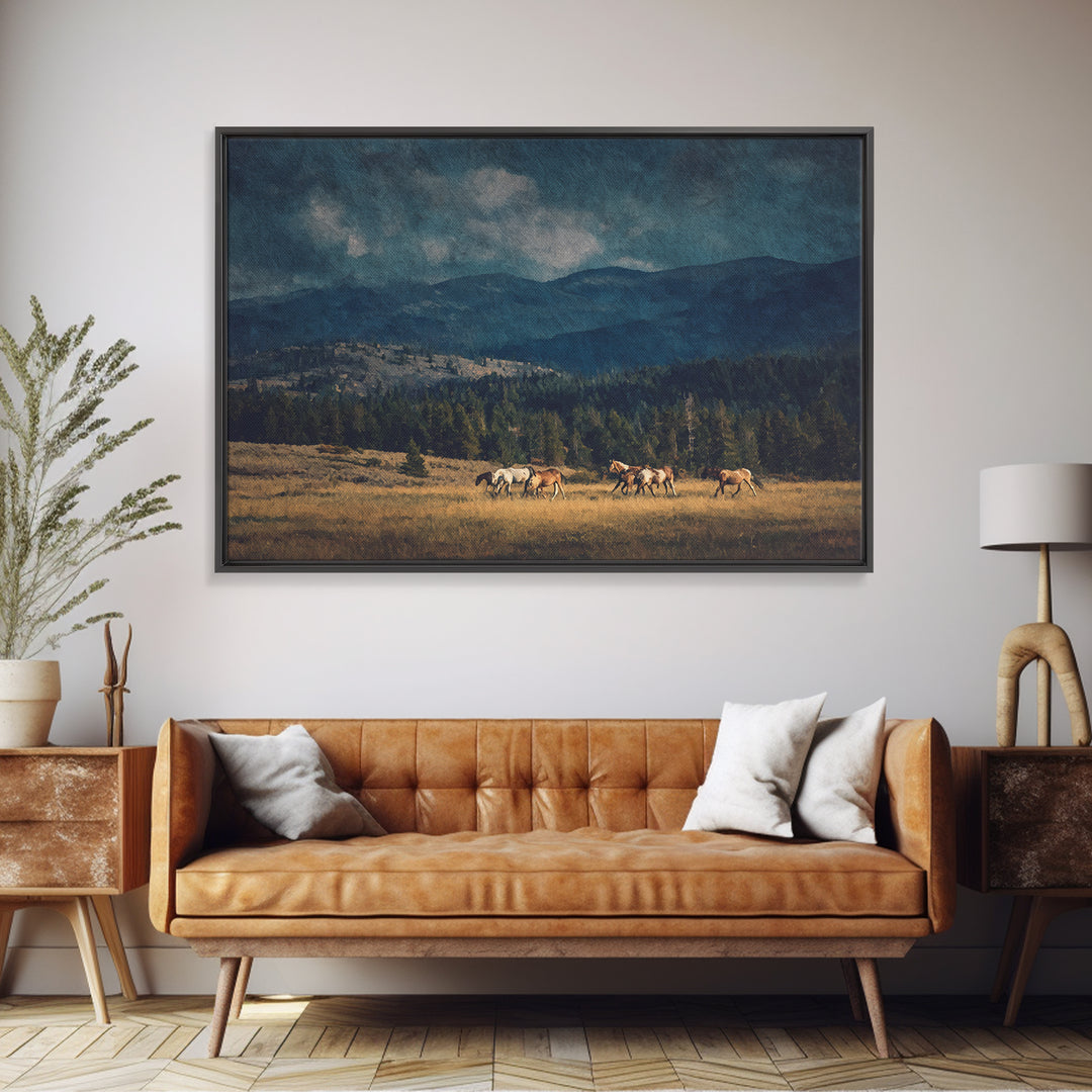Wild Horses Running Near Mountain Ridge Framed Canvas Print, Nature Art, Wall Decor, Living Room Decor, Fine Art, Nature, NAT-3x2-2