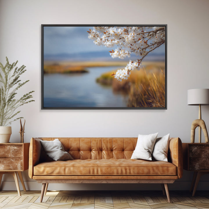 Spring Cherry Blossoms Framed Canvas Print, Nature Art, Abstract Wall Art, Living Room Decor, Fine Art, Nature, Bird Wall Art, NAT-3x2-20