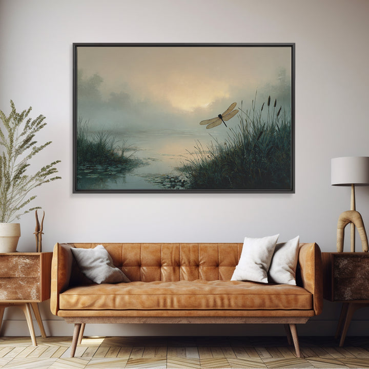 Dragonfly over a Pond with Reeds Canvas Print, Nature Art, Original Painting, Living Room Decor, Oil Painting, Nature, NAT-3x2-22