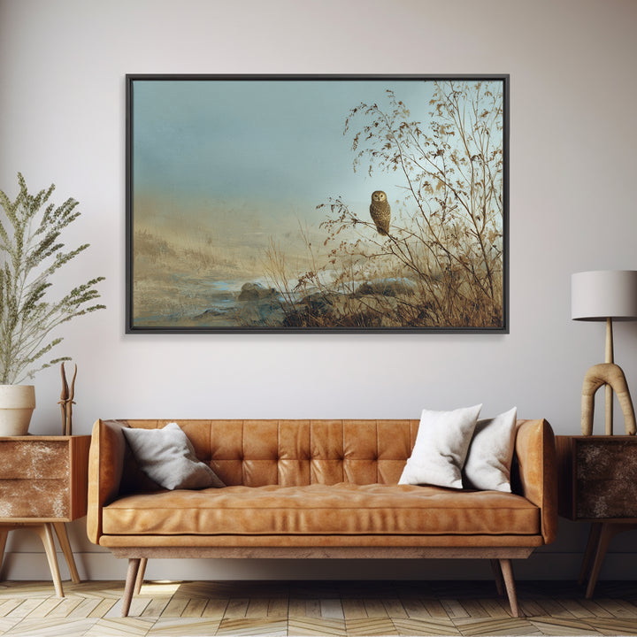 Owl in Moonlit Branches Framed Canvas Print, Nature Art, Watercolor Painting, Living Room Decor, Oil Painting, Nature, NAT-3x2-23
