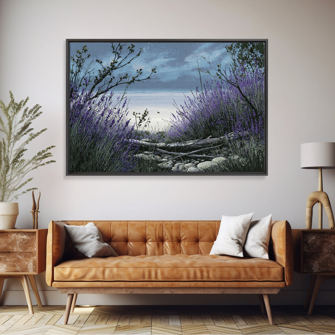 Bees Circling Lavender Blossoms Framed Canvas Print, Nature Art, Living Room Wall Art, Living Room Decor, Fine Art, Nature, NAT-3x2-27