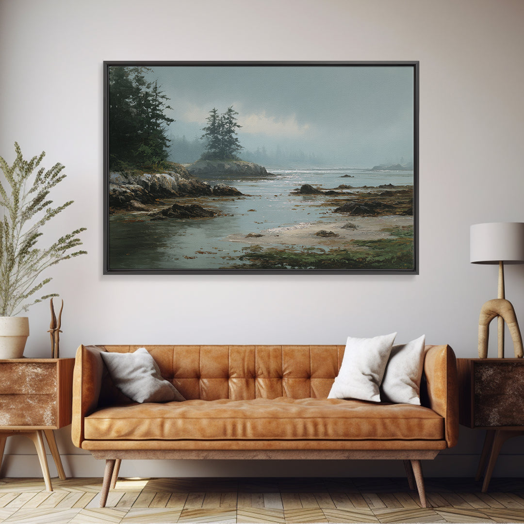 Calm Beach Tide Pooling Around Rocks Framed Canvas Print, Nature Art, Artwork, Living Room Decor, Nature, Landscape Art, NAT-3x2-28
