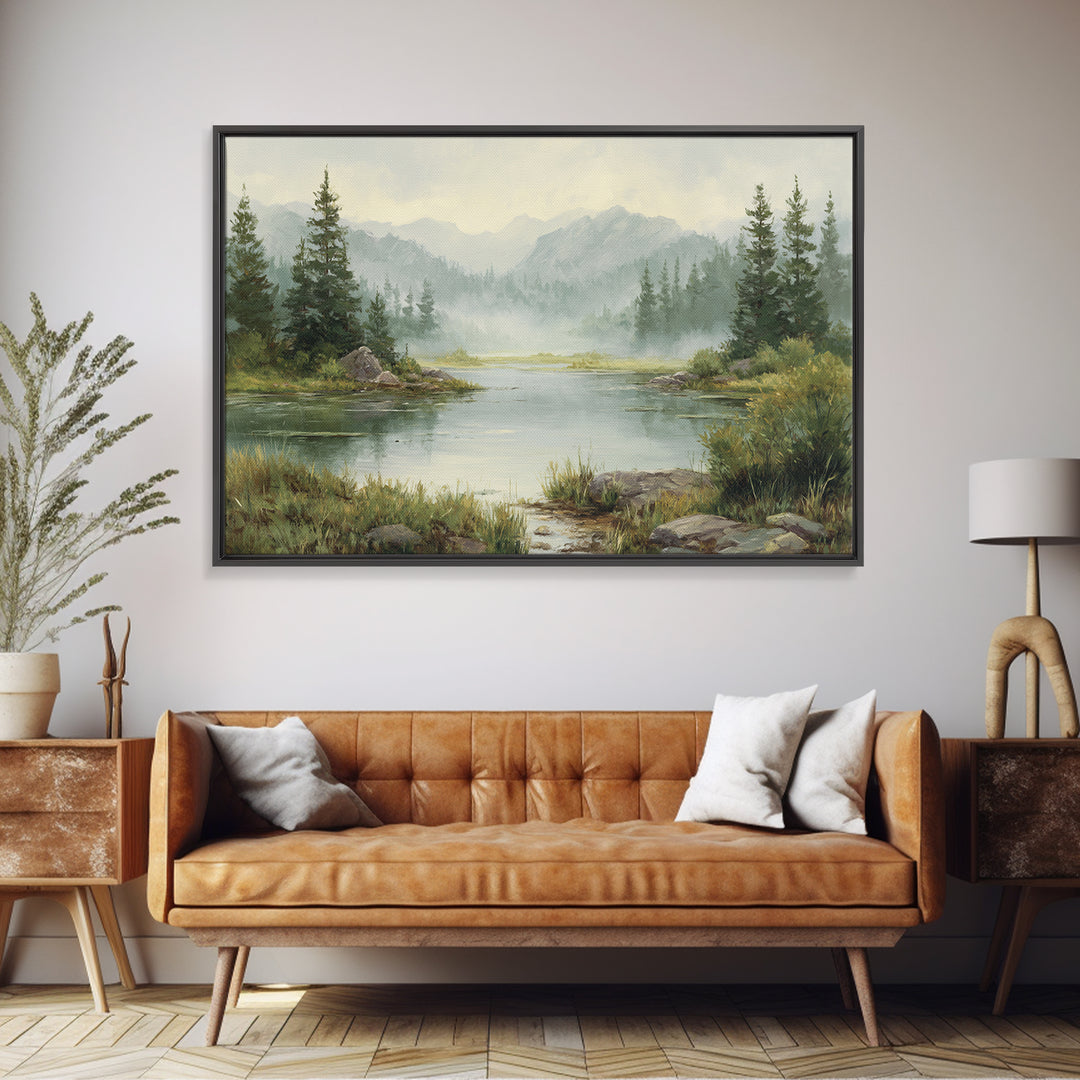 Misty Mountain Lake Canvas Print, Nature Art, Stained Glass Art, Living Room Decor, Nature, Modern Decor, Fine Art Print, NAT-3x2-33