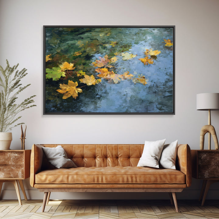 Autumn Leaves Floating on Quiet Stream Canvas Print, Nature Art, Modern Wall Art, Living Room Decor, Watercolor Art, Nature, NAT-3x2-34