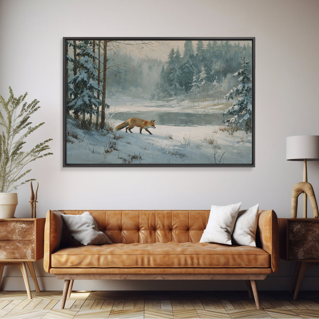 Fox Crossing a Snowy Forest Clearing Canvas Print, Nature Art, Wood Wall Art, Living Room Decor, Nature, Digital Download Art, NAT-3x2-38