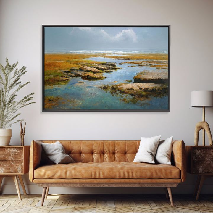 Calm Beach Tide Pooling Around Rocks Canvas Print, Nature Art, Living Room Decor, Oil Painting, Nature, Modern Wall Art, NAT-3x2-4