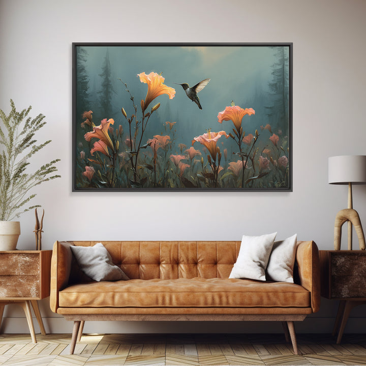 Hummingbird Beside Bright Trumpet Flowers Canvas Print, Nature Art, Living Room Wall Art, Living Room Decor, Nature, NAT-3x2-40