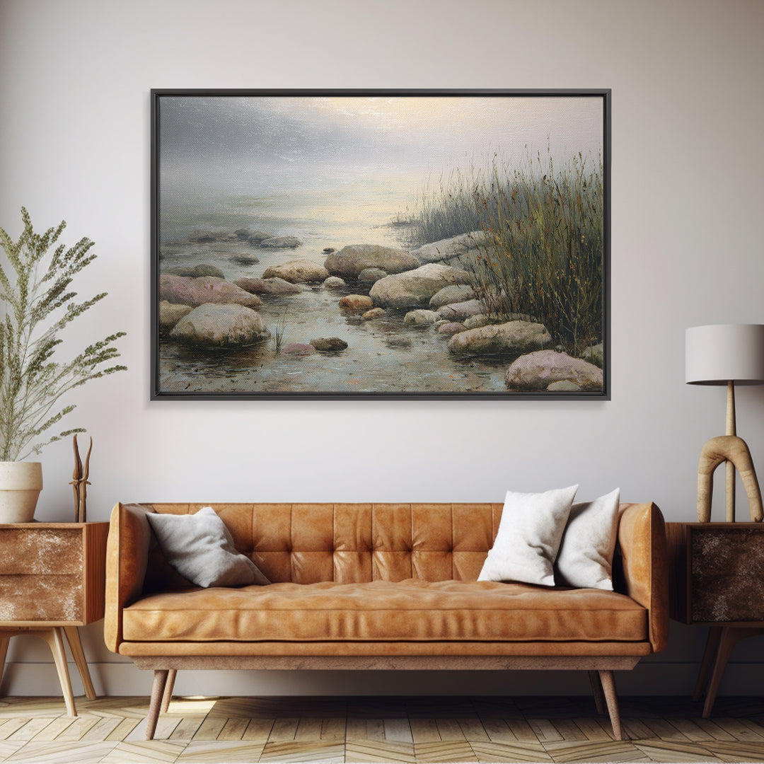 River Stones under Clear Shallow Water Framed Canvas Print, Nature Art, Moss Art, Living Room Decor, Watercolor Art, Nature, NAT-3x2-41