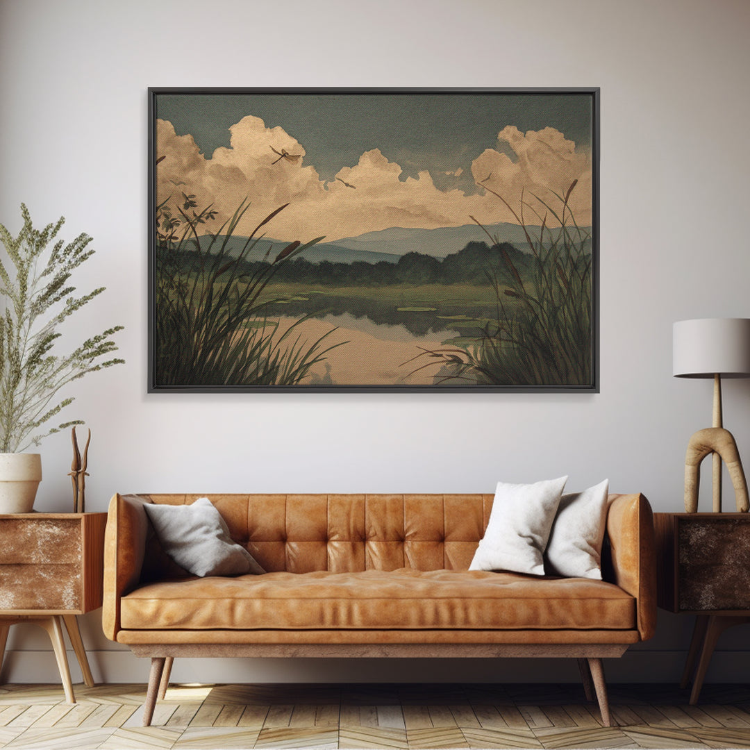 Dragonfly over a Pond with Reeds Framed Canvas Print, Nature Art, Abstract Wall Art, Living Room Decor, Fine Art, Nature, NAT-3x2-46