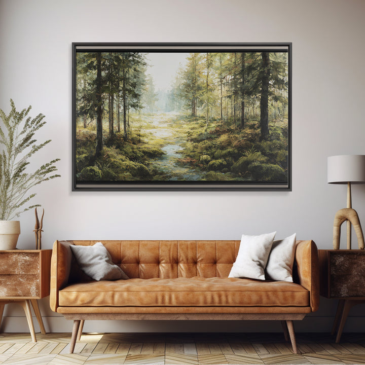 Sunlit Forest Path Framed Canvas Print, Nature Art, Living Room Wall Art, Living Room Decor, Oil Painting, Nature, NAT-3x2-5