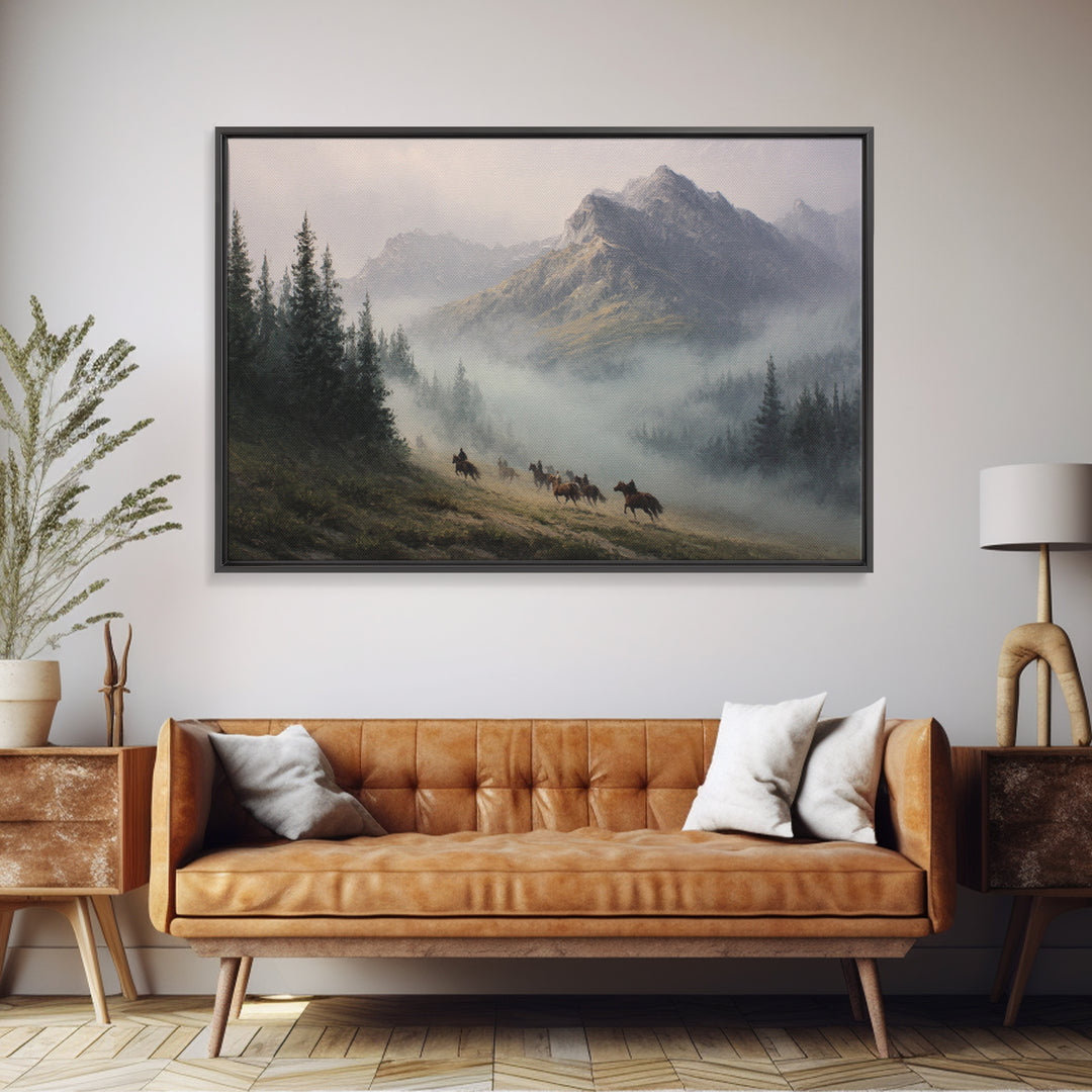 Wild Horses Running Near Mountain Ridge Framed Canvas Print, Nature Art, 3d Wall Art, Living Room Decor, Fine Art, Nature, NAT-3x2-50
