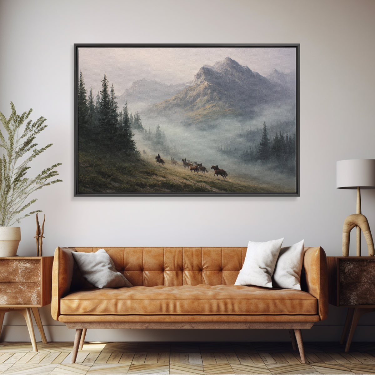 Wild Horses Running Near Mountain Ridge Framed Canvas Print, Nature Art, 3d Wall Art, Living Room Decor, Fine Art, Nature, NAT-3x2-50